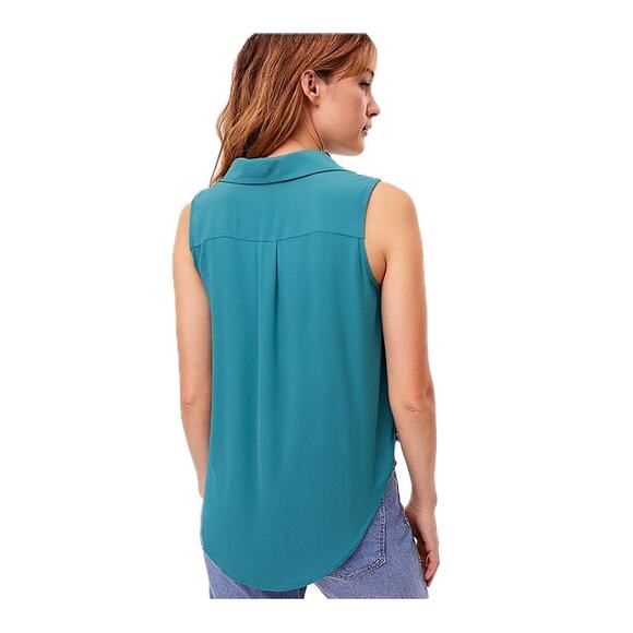 LOFT Teal Blue Mixed Media Sleeveless Split Neck Blouse - Size Medium 💙✨💚 - Picture 2 of 11
